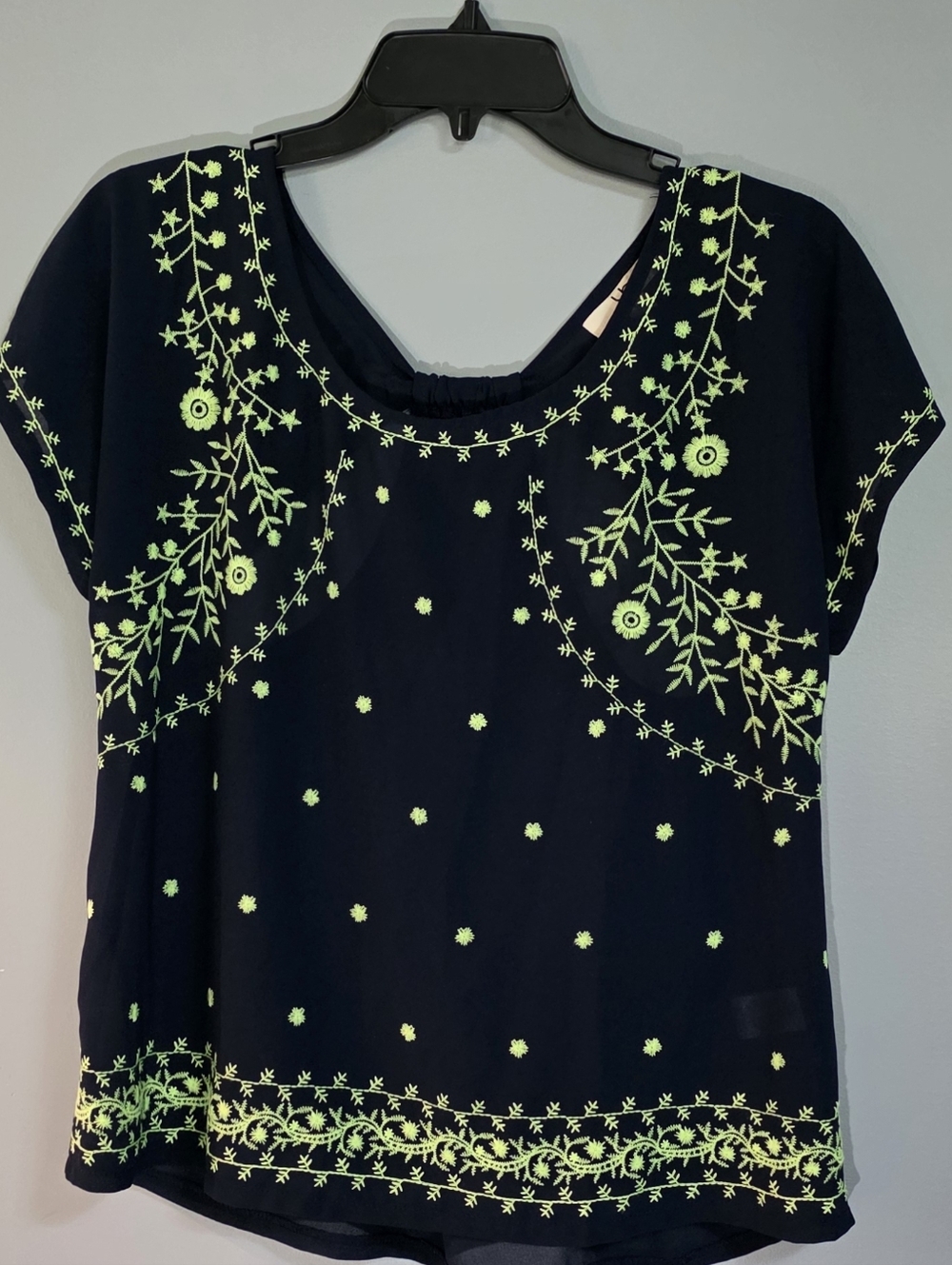 Ya Los Angeles Navy Blouse with Neon Green Floral Embroidery